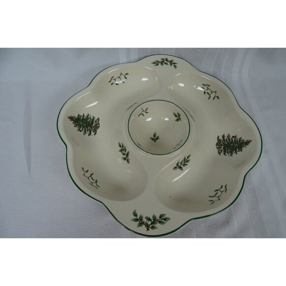 Spode Christmas Tree Divided Vegetable Chip Dip Bowl Green Trim S3324 - No Box - Picture 1 of 5